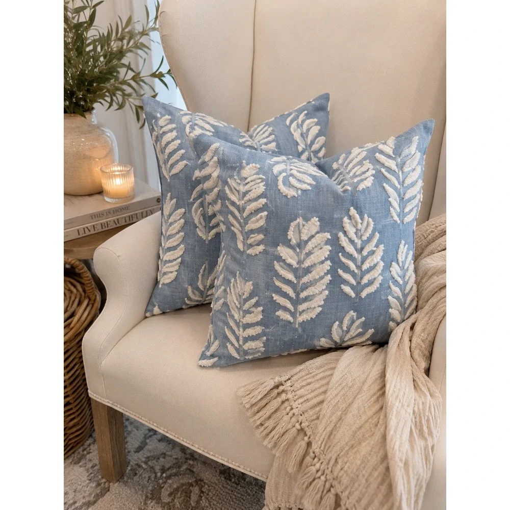 Set of 2 Blue White Tufted Leaf Throw Pillow Covers Square Coastal Farmhouse